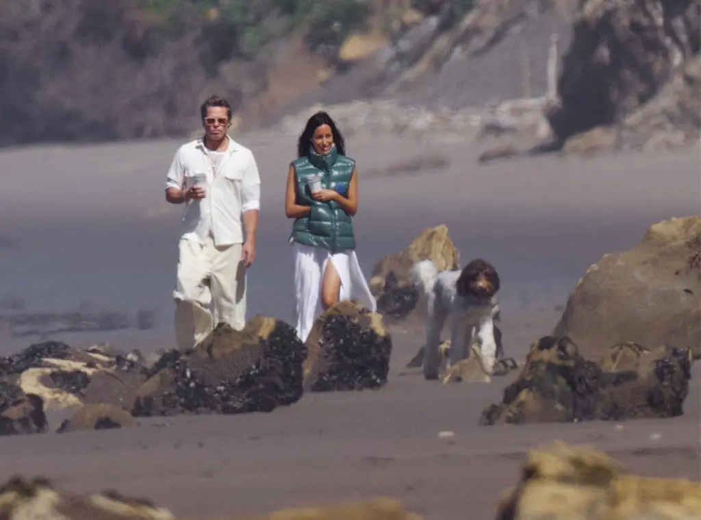 Brad Pitt and Ines De Ramon with their dogs on the beach