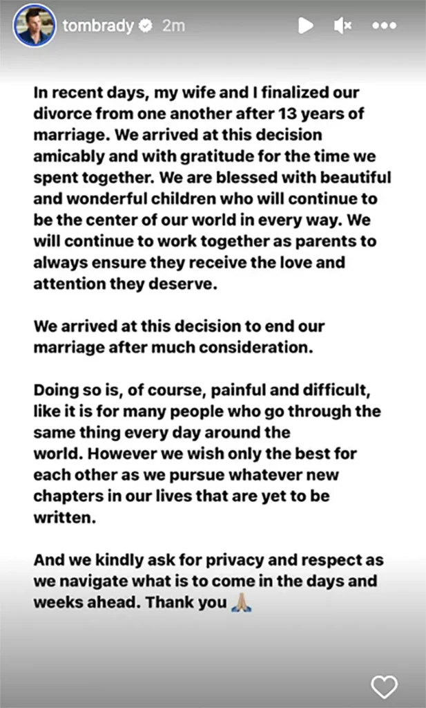 Tom Brady and Gisele Bundchen divorce statement