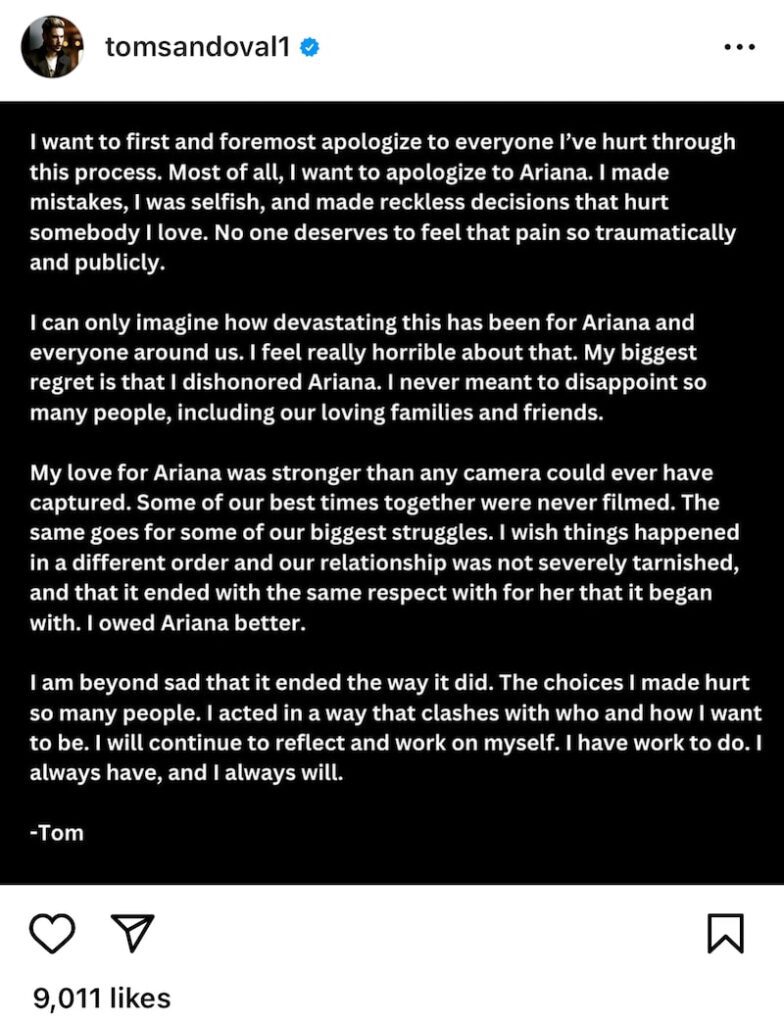 15 Ugliest Celebrity Breakups Of All Time 5 Tom Sandoval's Public Apology to Ariana Madix