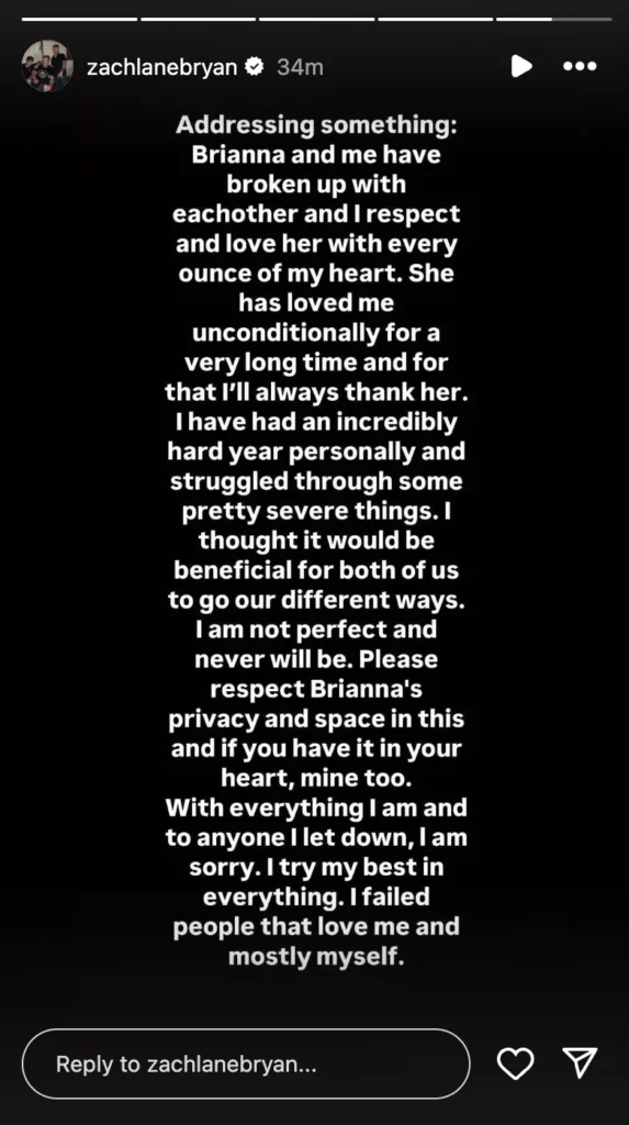 Zach Bryan's Instagram Story announcing his split with Brianna LaPaglia 