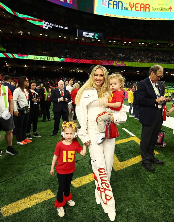 Brittany Mahomes with daughter Sterling and son Bronze at the 2025 Super Bowl